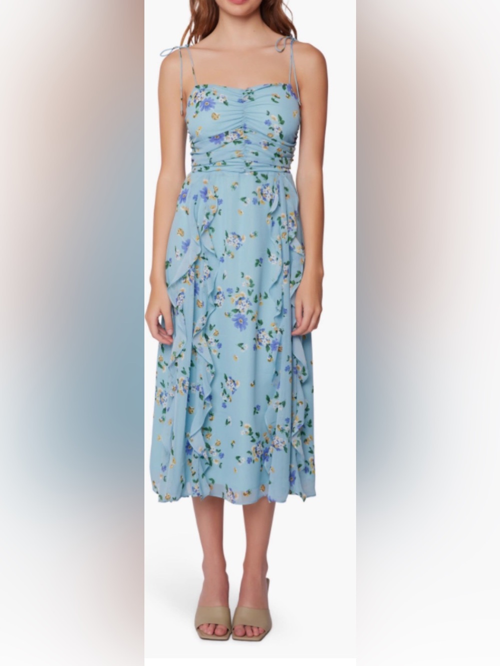 Lost + Wander Blue Floral Ruffle Midi Dress Tie Strap Medium